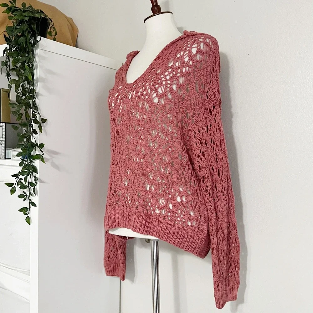 Zara Women's Pink Crochet Open‎ Knit Hooded Sweatshirt Size Small